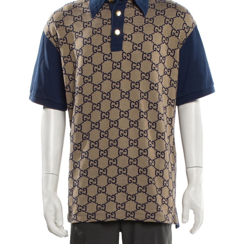Gucci Blue and Tan Polo Shirt with Iconic Design